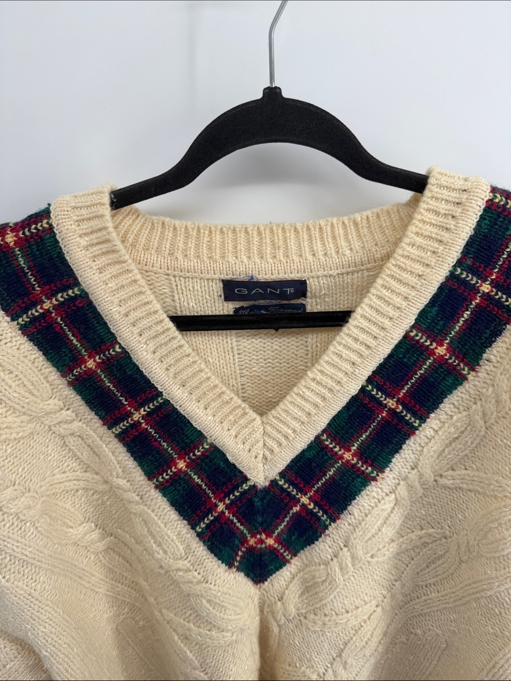 Vintage 90'S GANT wool cotton Hand Framed V-neck cable knit pullover sweater XL - Picture 2 of 8